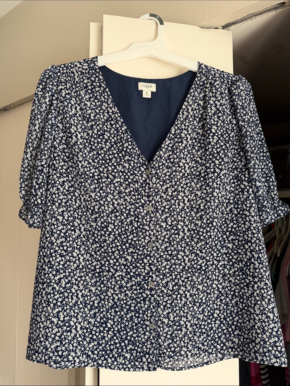 J. Crew Navy and White Floral Button-Front Blouse
